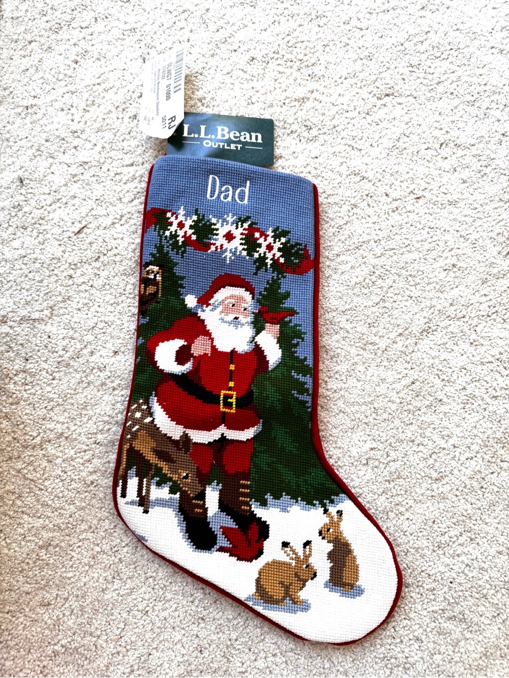 L.L.Bean Dad Santa Rabbits Needlepoint Christmas Stocking NWT Discontinued Desig